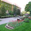 Plantemarkedets salgsboder med urter og sommerblomster foran Lids hus.