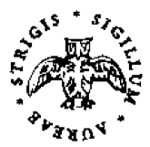 Sigilum - Aureae - Strigis (Segl - Gyldne - Ugle(?)) omkretser et tegnet ugle med utstrakte vinger.