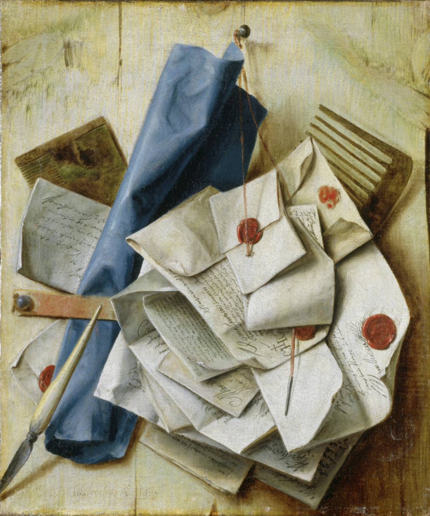 Den flamske maleren Cornelis Norbertus Gijsbrechts (ca. 1625-1683) jobbet blant annet for det danske hoffet. Her er hans berømte verk Quodlibet fra 1675, som viser en rekke håndskrevne brev med røde segl - et maleri som senere har fått illustrere Opplysningstidens “Brevrepublikk”. Foto: Wallraf-Richartz Museum/Rheinische Bildarchiv Köln.