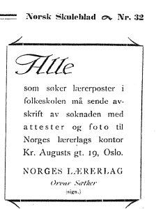 Faksimile, annonse i Norsk Skuleblad nr 32