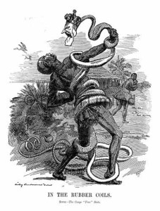 Satirisk tegning fra det britiske ukebladet Punch 28 nov. 1906. Bildeeksten sier «In The Rubber Coils. Scene - The Congo 'Free' State». (Kilde: Wikimedia Commons)
