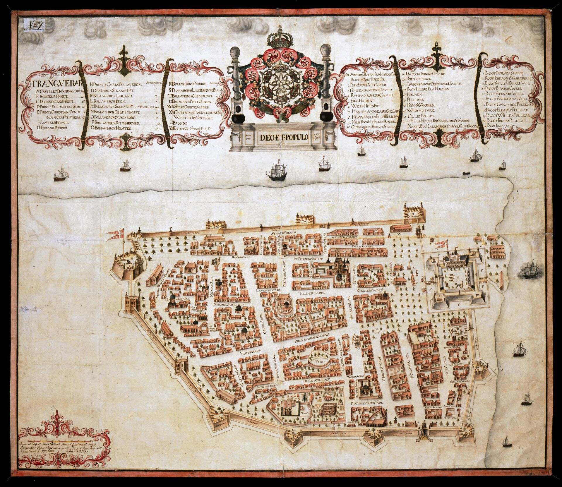 «Trellundkartet». Kart over kolonien Trankebar, 1733. Opphav: Trellund, Gregers Daa Ingeniørkorpset (Wikimedia Commons).