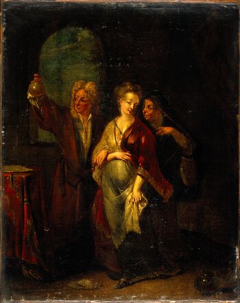 A physician examining the urine of a pregnant girl. Oil painting by an unknown artist, 18th century. Credit: The Wellcome Collection