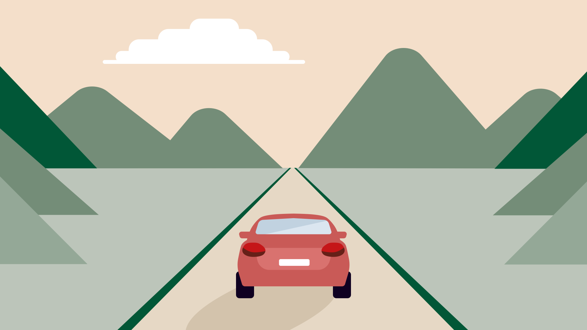 Illustrasjon av rød bil på veien gjennom grønt landskap