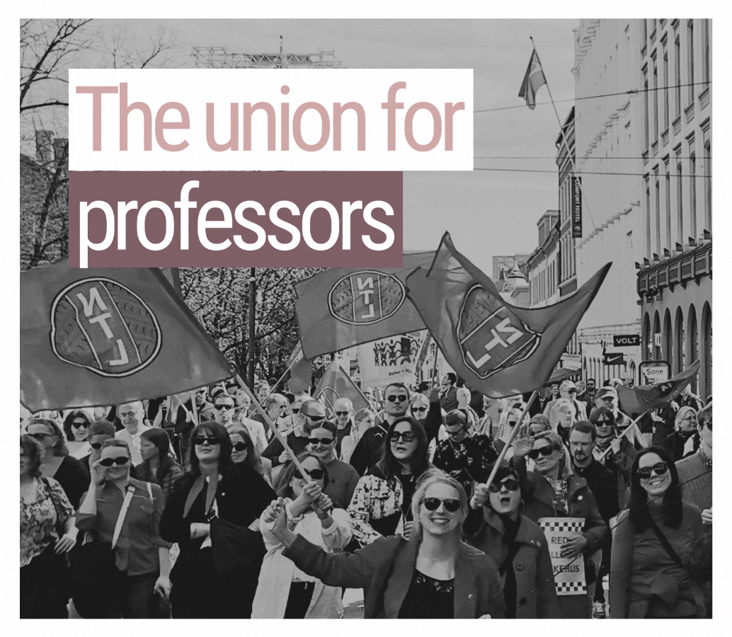 GIF: 1. of May-parade, with the text "The union for..." and many different work titles flashing by. Ends with "...everyone at UiO"