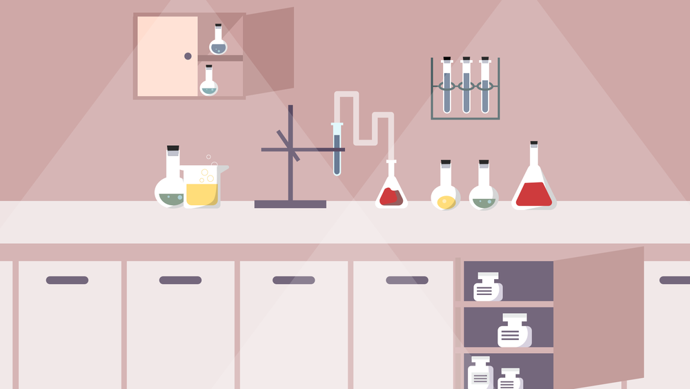 Illustrasjon av forskningslaboratorium, med bl.a. reagensrør