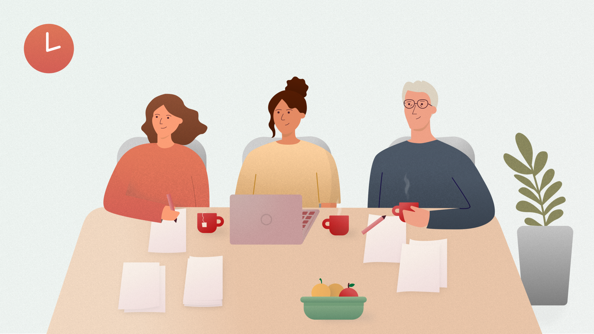 Illustrasjon av tre personer som sitter foran et bord, med ark, kaffekopp og fruktskål