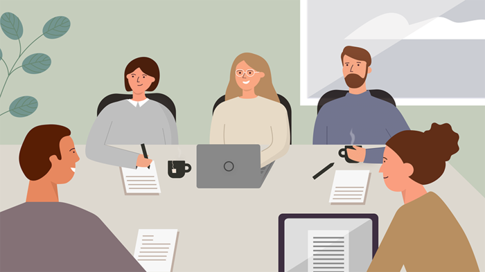 Grafikken viser fem personer rundt et møtebord som sitter og forhandler