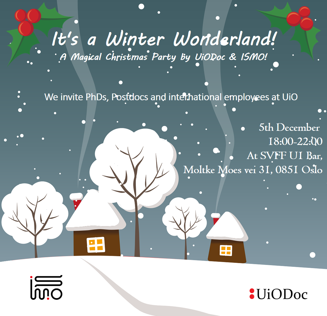This picture displays the UioDoc promotion poster for the merry little christmas dinner and workshop. A  christmastree-green background with cartoon drawings of christmas decorations in red and yellow