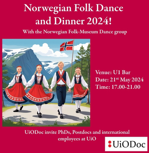two cartoon characters in traditional norwegian clothing, placed around the title of this upcoming event: Norwegian Folk Dance and Dinner!