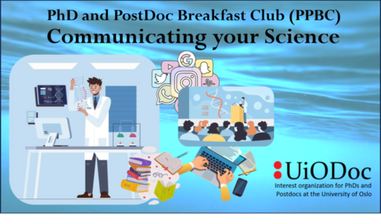 A poster for the UiODoc breakfast club promotion, showing a 'process chart' in pastel colours, and a cartoon image of a person in free fall while writing.