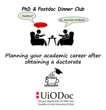 A poster for the UiODoc Dinner club promotion, showing a 'process chart' in pastel colours, and a cartoon image of a person in free fall while writing.